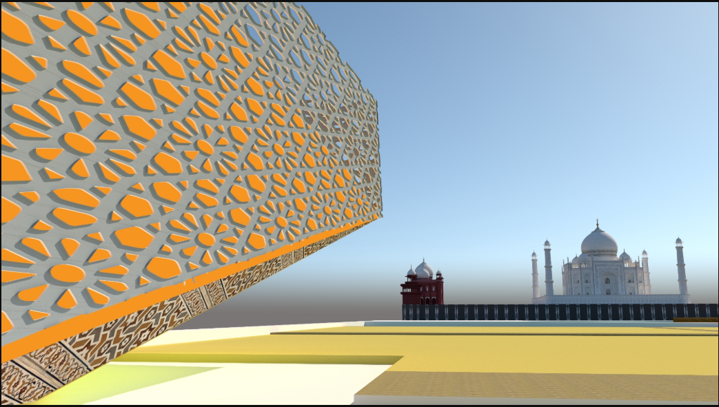 The contemporary pavilion’s perforated façade aligns with the Taj Mahal, creating a dialogue between the old and the new.