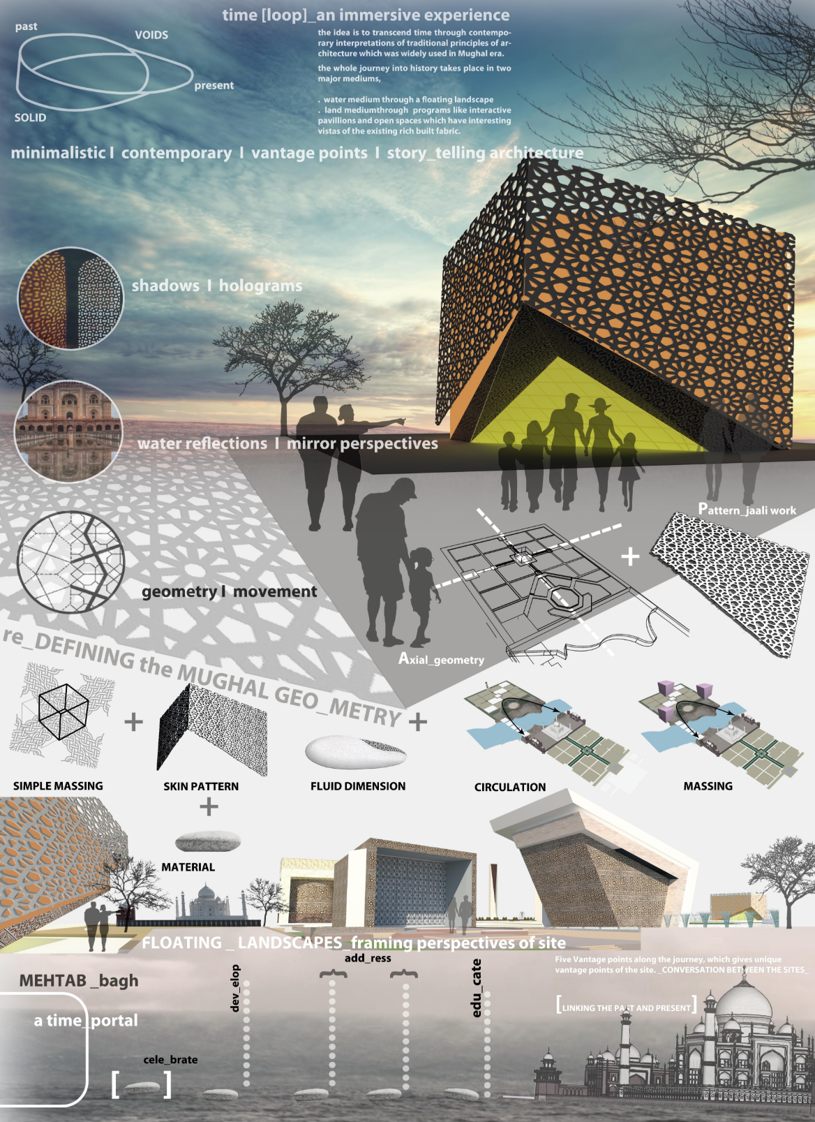 Concept evolution through geometry, material, and light — redefining Mughal geometry with a minimalistic, storytelling approach.