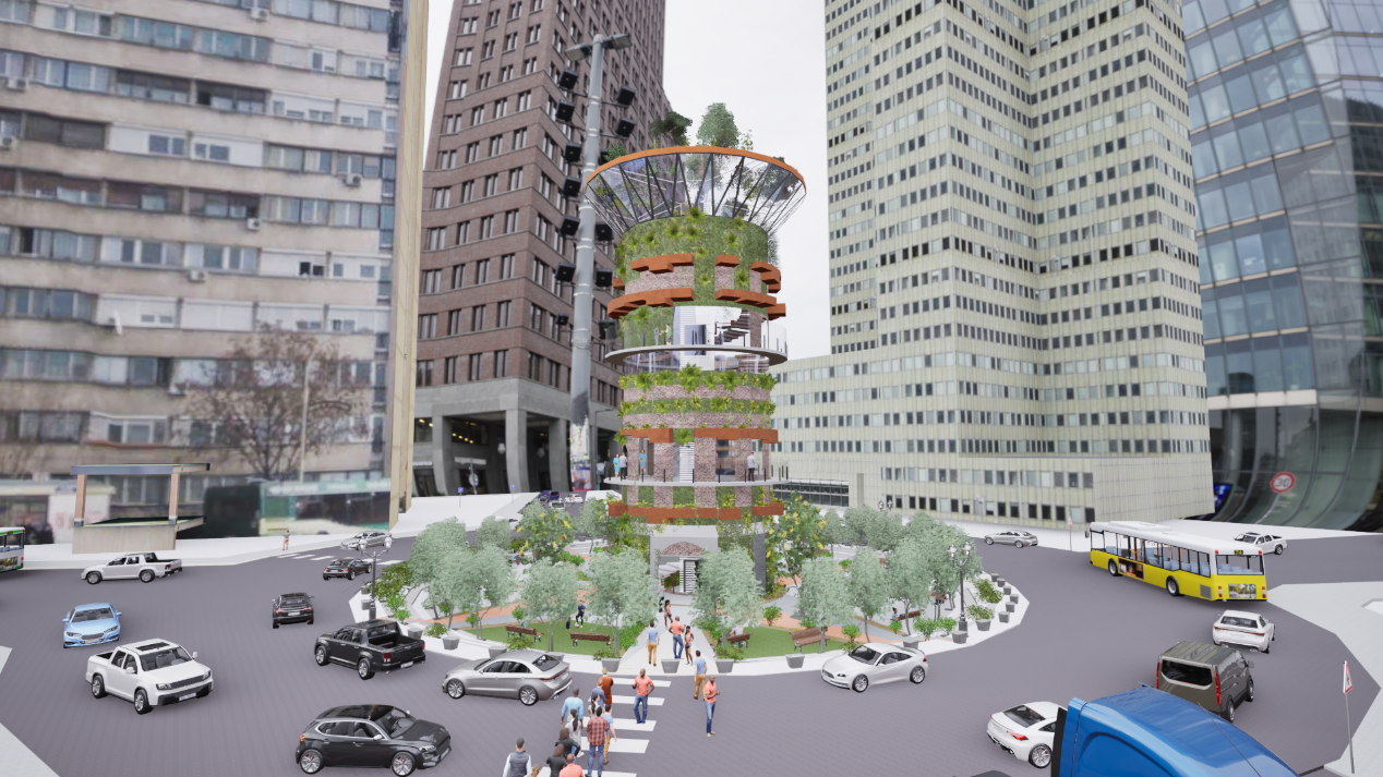 The Douglass Tower anchors the urban roundabout with its vibrant vertical greenery and inviting public plaza.