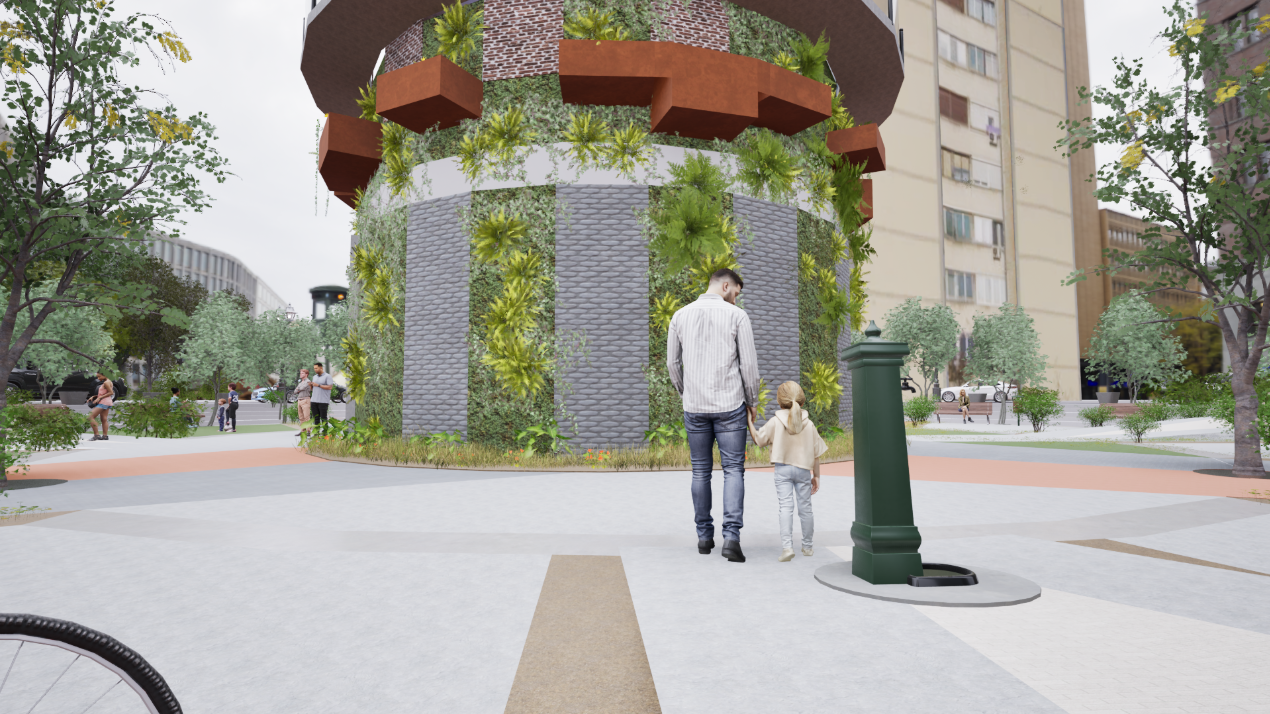 A father and child walk through the lush ground-level garden, showcasing the tower’s human-centered and sustainable design.