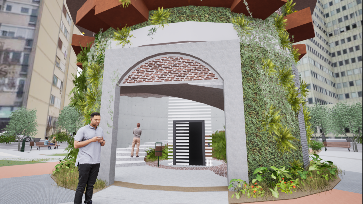 A top-down view reveals the tower’s circular geometry and green pathways that merge landscape and structure seamlessly.