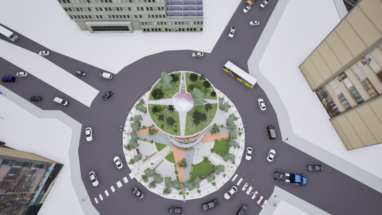 The tower’s top canopy provides panoramic city views amid suspended greenery and steel-framed light structures.