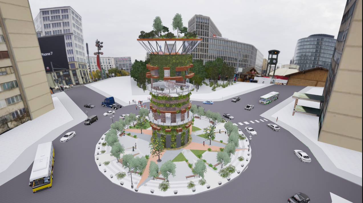 From above, the Douglass Tower stands as a living landmark — merging ecological design with city infrastructure.