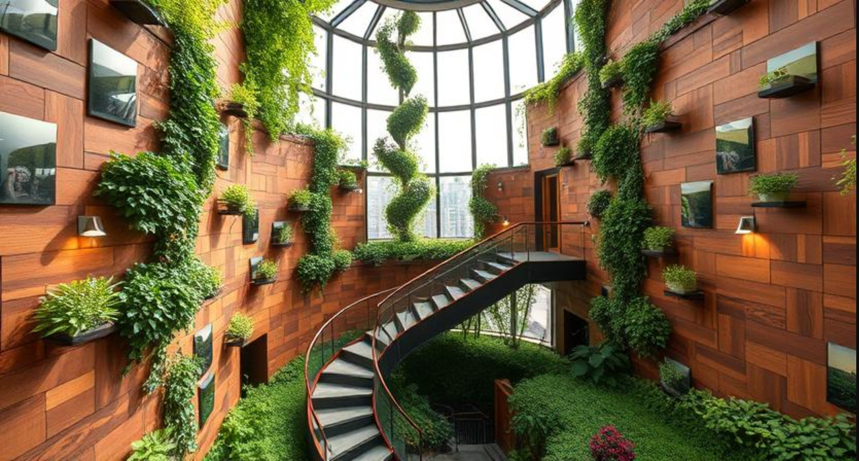 Inside the tower, climbing plants and wooden finishes create a biophilic environment that enhances air quality and wellbeing.