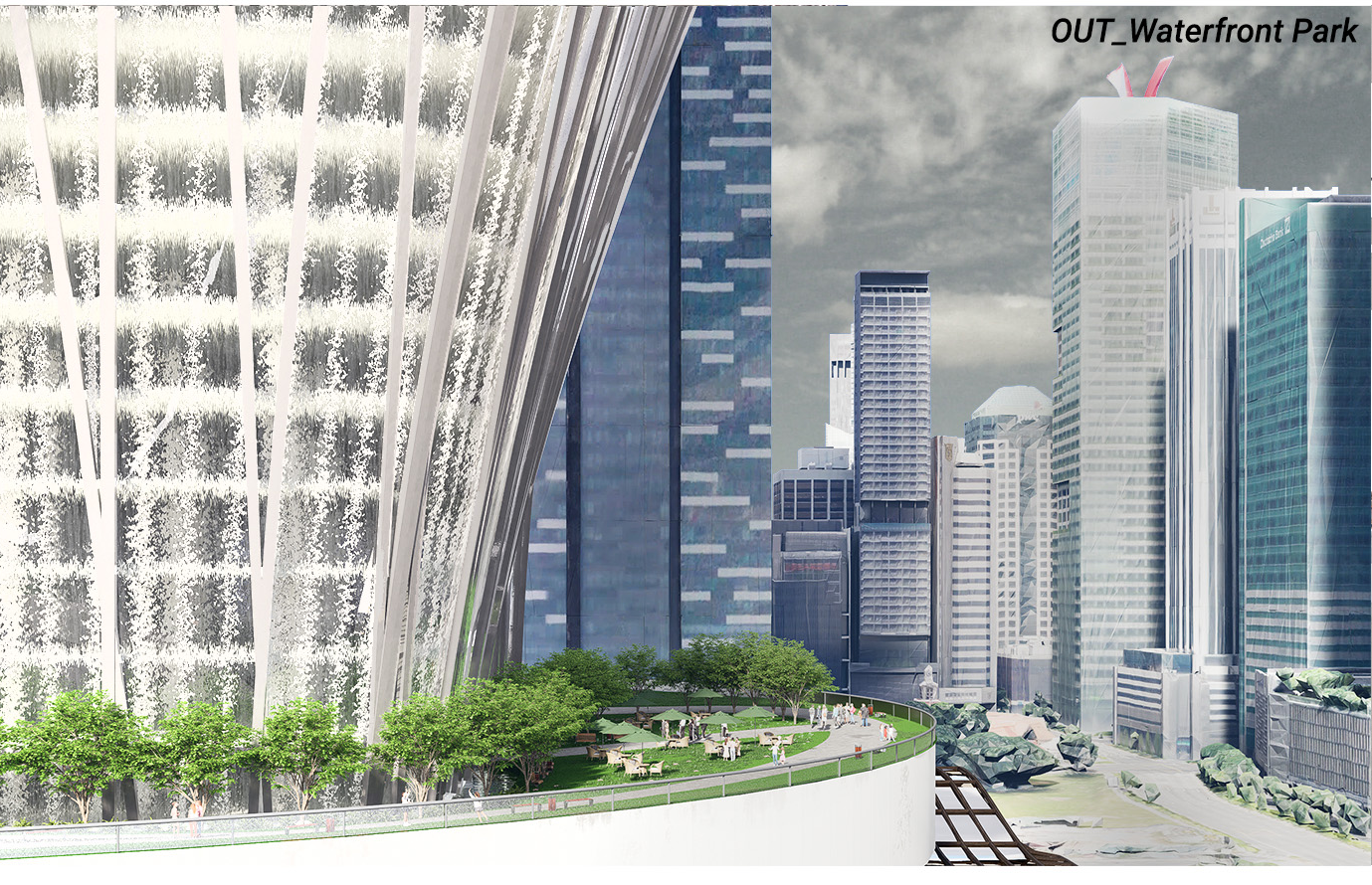 A lush urban terrace at the tower’s base connects nature with the city, offering a public park that integrates seamlessly with Singapore’s skyline.