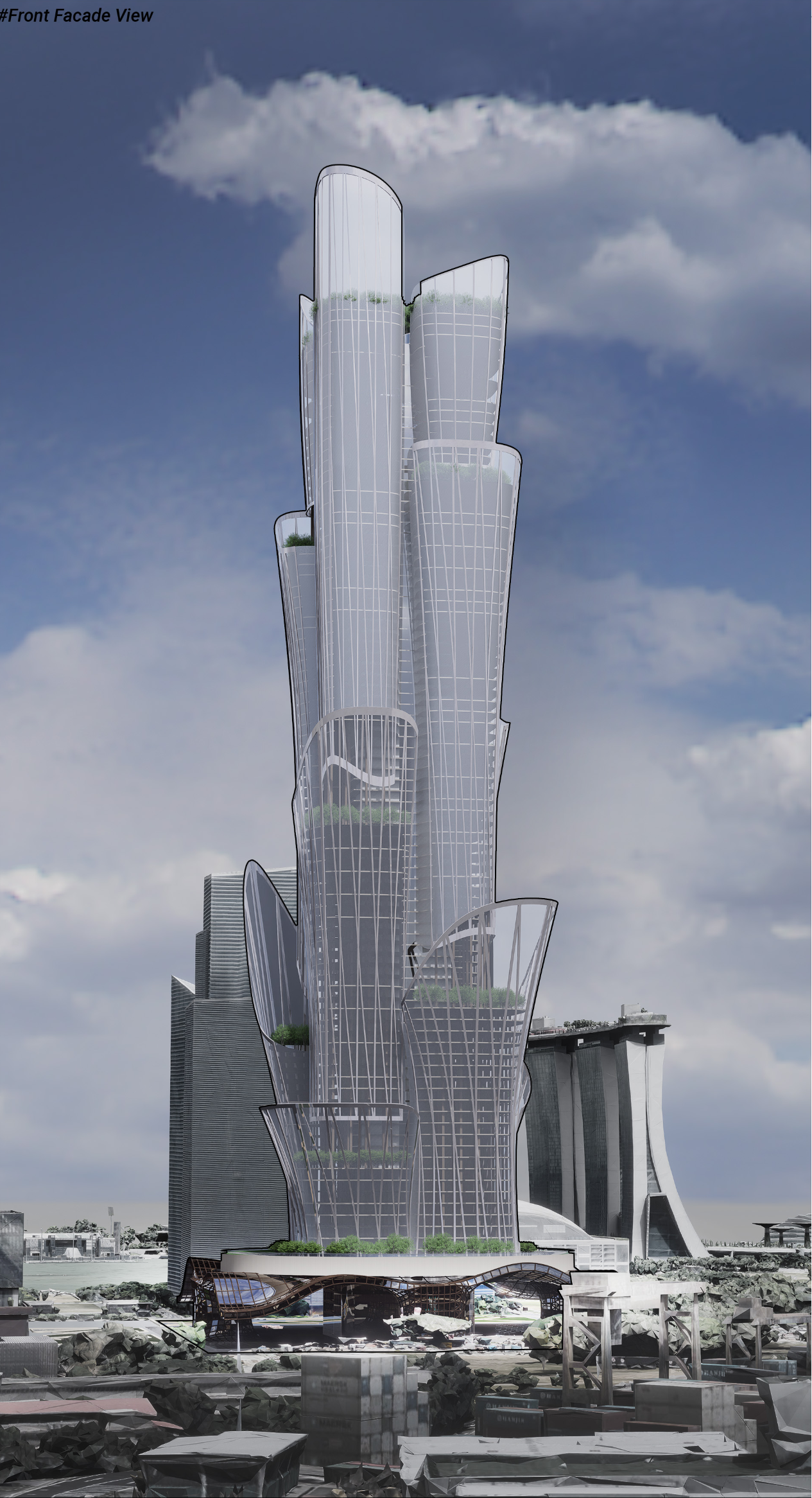 The RainFlow Tower rises as a fluid, biomimetic form that channels rainwater through its curved facade — redefining the future of skyscraper architecture.