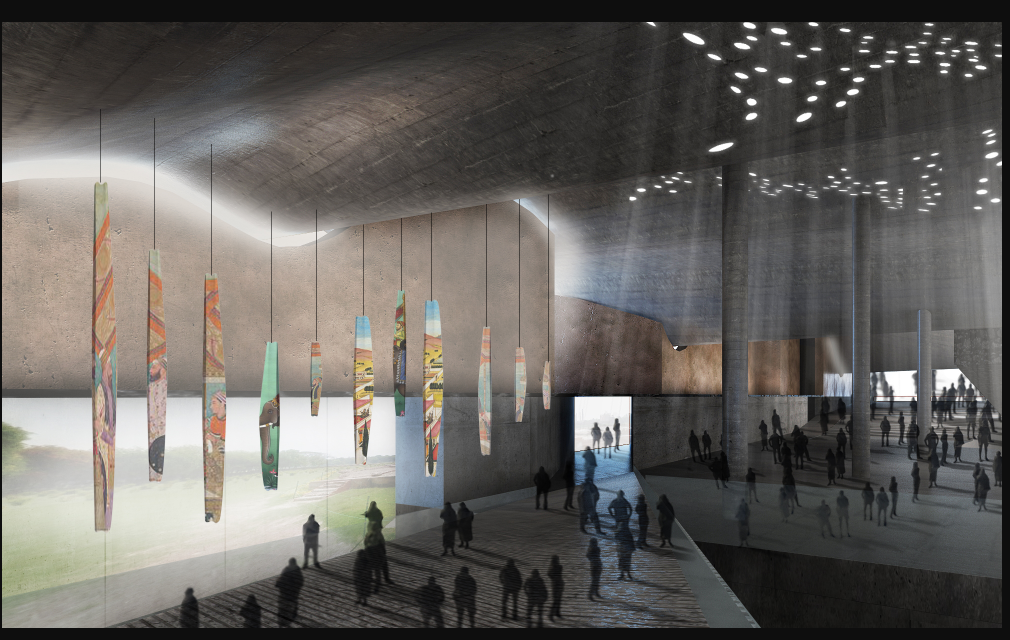 Sunlight filters through perforations above, illuminating suspended sculptural elements inspired by Mughal art and heritage.