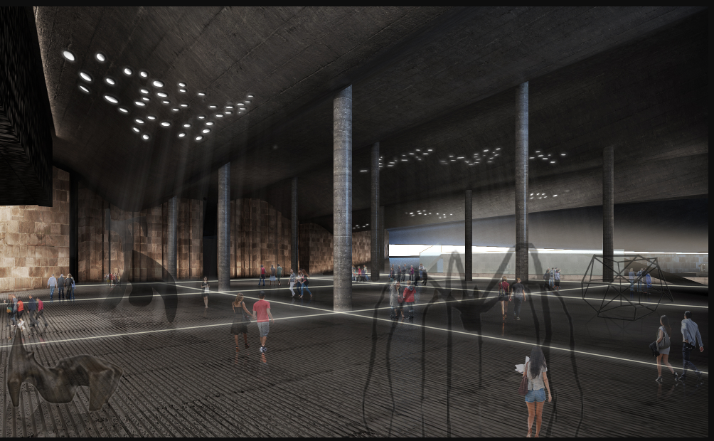 Expansive subterranean hall where structure, shadow, and light intersect—inviting public movement beneath monumental vaults.