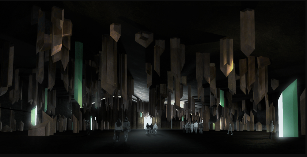 Hanging geometric volumes form a contemplative space of reflection, symbolizing fragments of Mughal memory suspended in time.