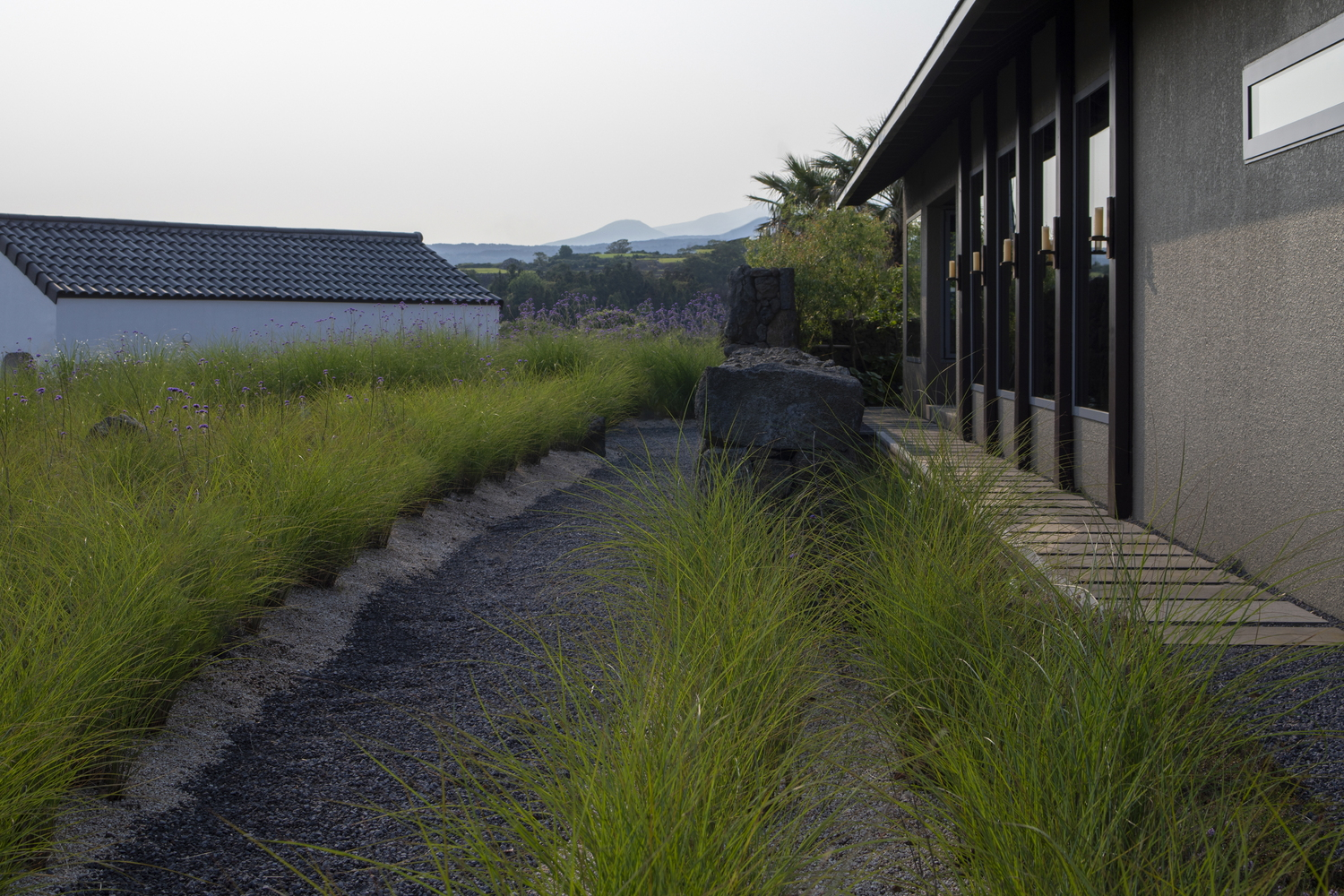 Planted gravel path with ornamental grasses beside glazed corridor and volcanic stone terrace at twilight