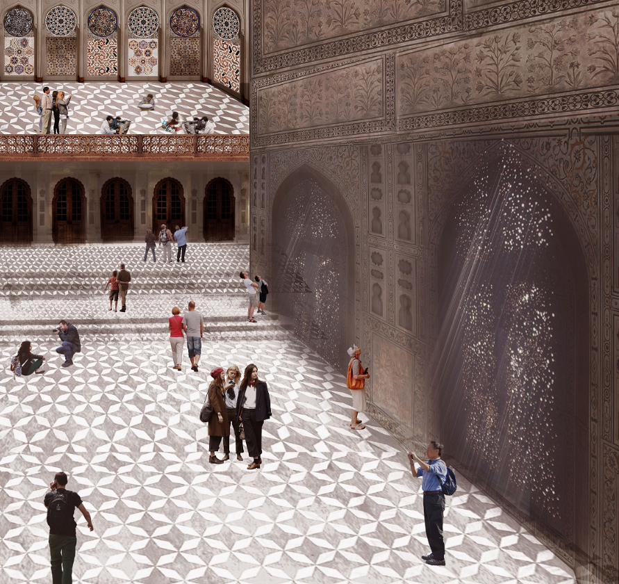 Interior courtyard with geometric tile paving and carved stone screens with visitors scattered across the space