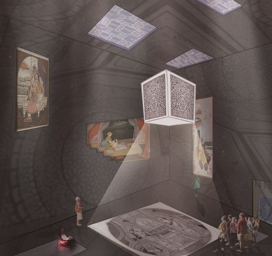 Gallery interior with suspended perforated lantern and framed paintings casting shadows on concrete walls