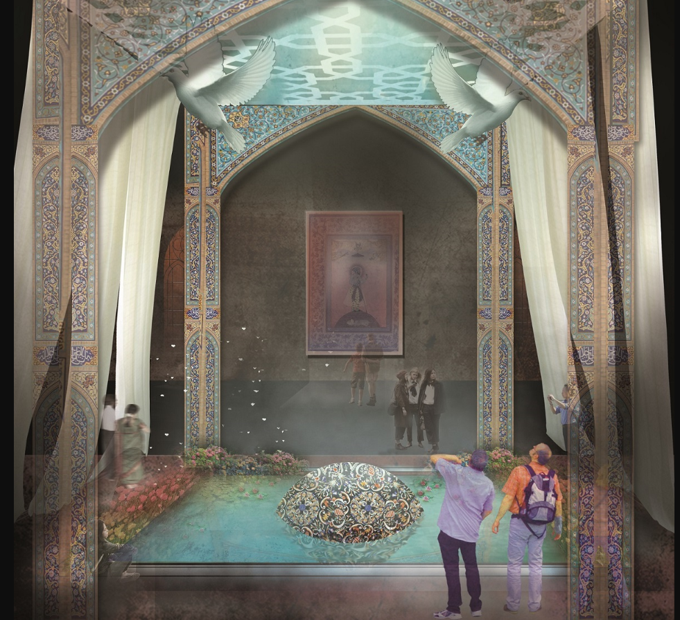 Exhibition hall with arched opening, water feature, planted beds and translucent ceiling panel above