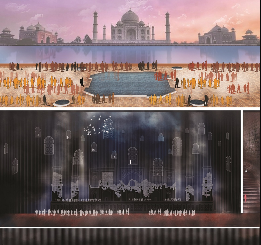 Section drawing showing courtyard with reflecting pool, grouped figures and domed structure beyond at dusk