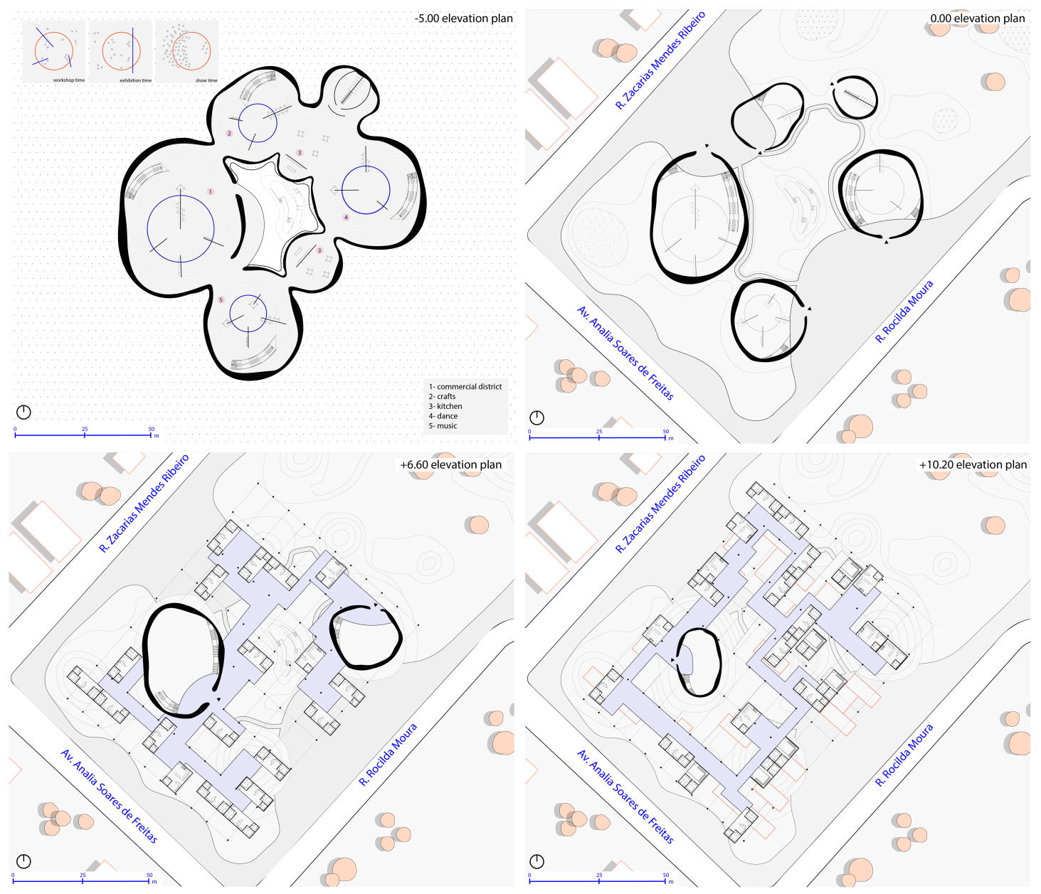 Multi-level elevation plans show the dynamic relationship between cultural zones, green surfaces, and modular housing within the site’s topography.