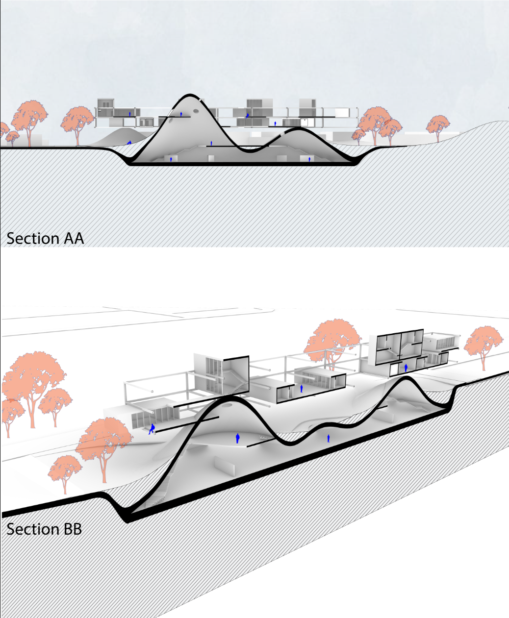 Sectional perspectives reveal how built forms rise and recede with the terrain, integrating human activity within the natural landscape.