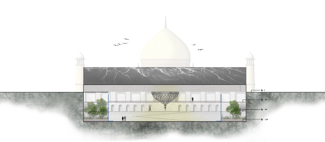 Section drawing through a domed structure with arcaded courtyard and mountain backdrop rendered in watercolor