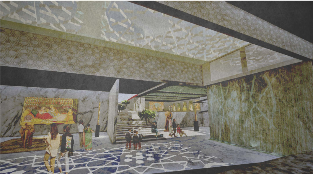 Interior rendering of vaulted hall with patterned ceiling and stone steps leading to upper gallery