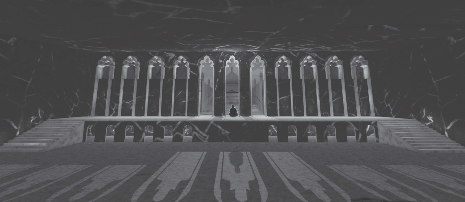 Frontal rendering of symmetrical arcade with pointed arches flanked by wide stairs in dark marble