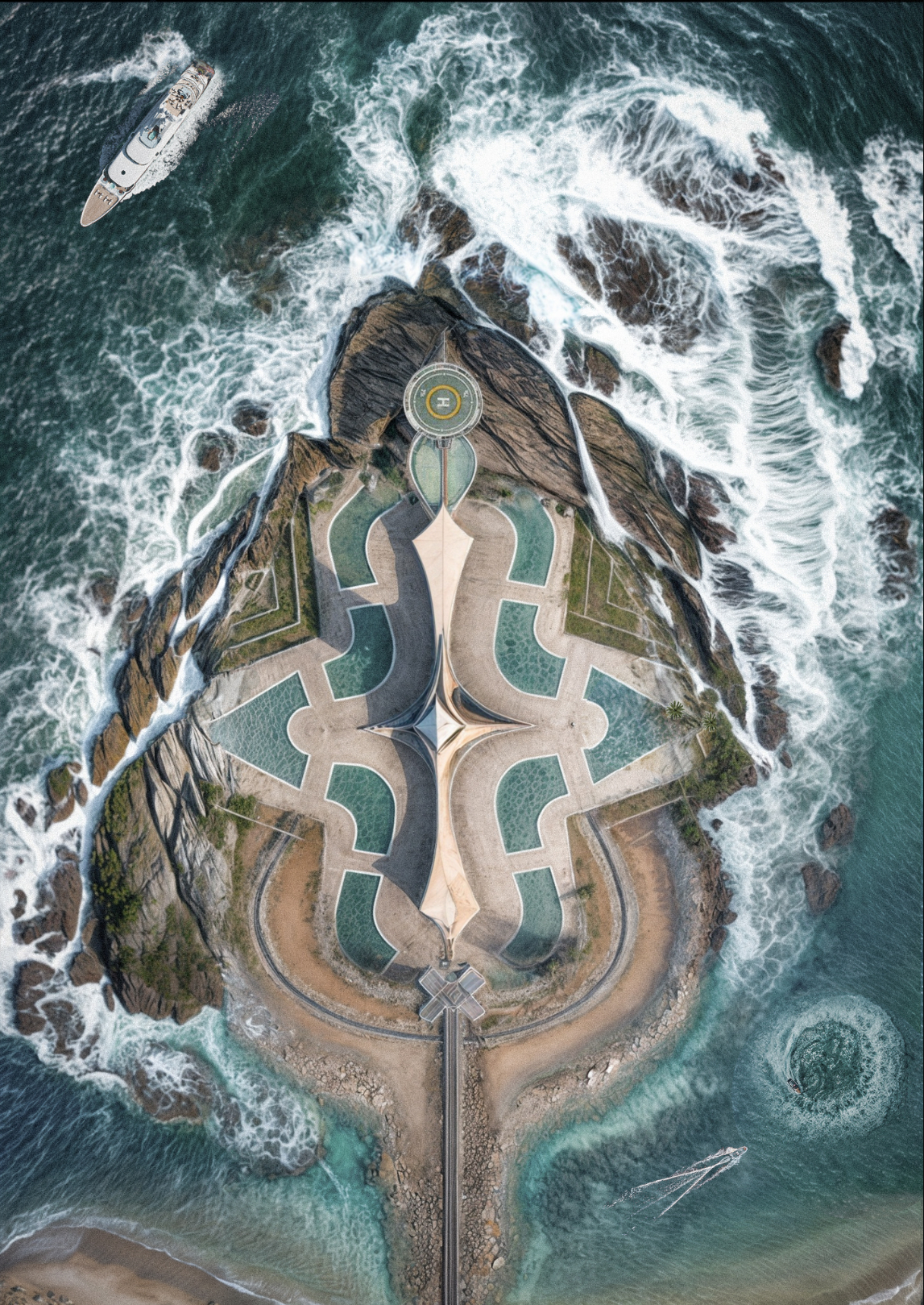 A futuristic coastal complex blending architecture with oceanic energy systems, symbolizing sustainable urban design.