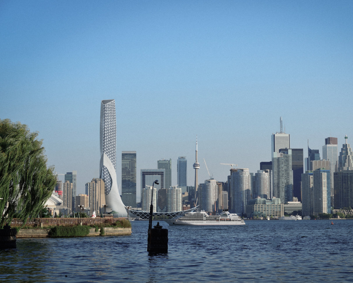 The kinetic skyscraper rises above the cityscape, integrating renewable energy and dynamic façade technology.