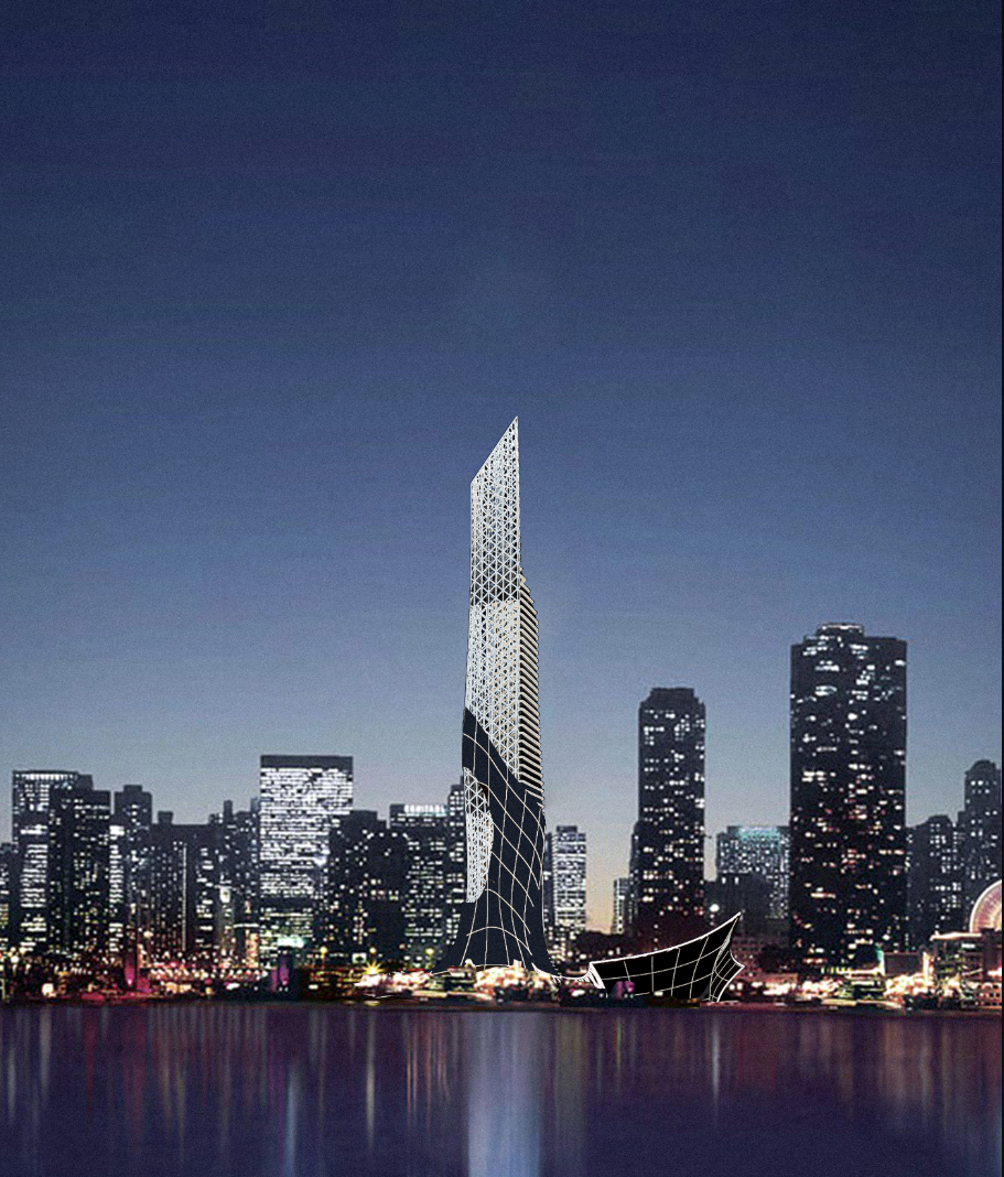 The illuminated kinetic tower reflects across the waterfront, symbolizing the fusion of light, motion, and sustainability.