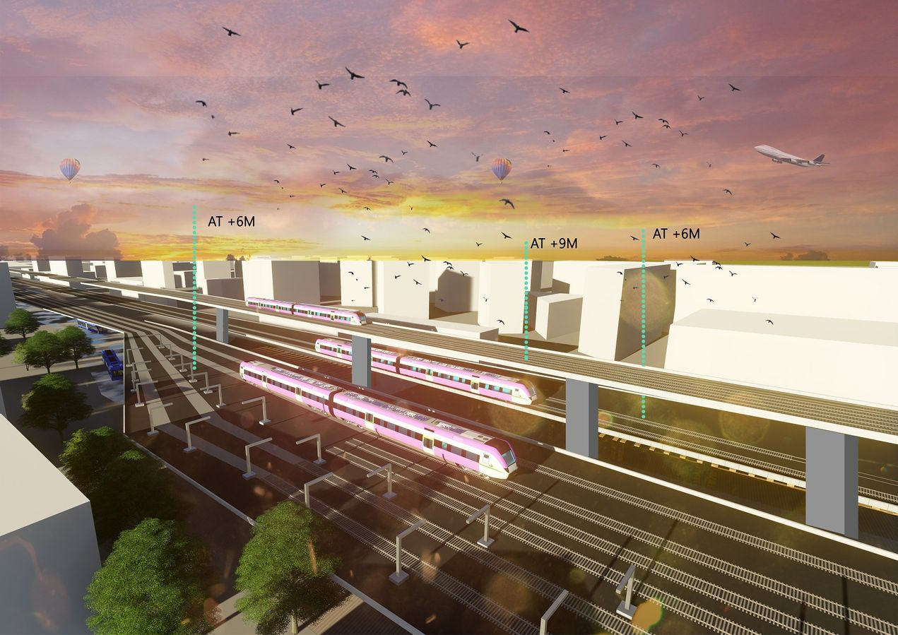 Visualization of the three-tiered transport system with slow and fast train levels at +6m and +9m, reducing congestion and noise.