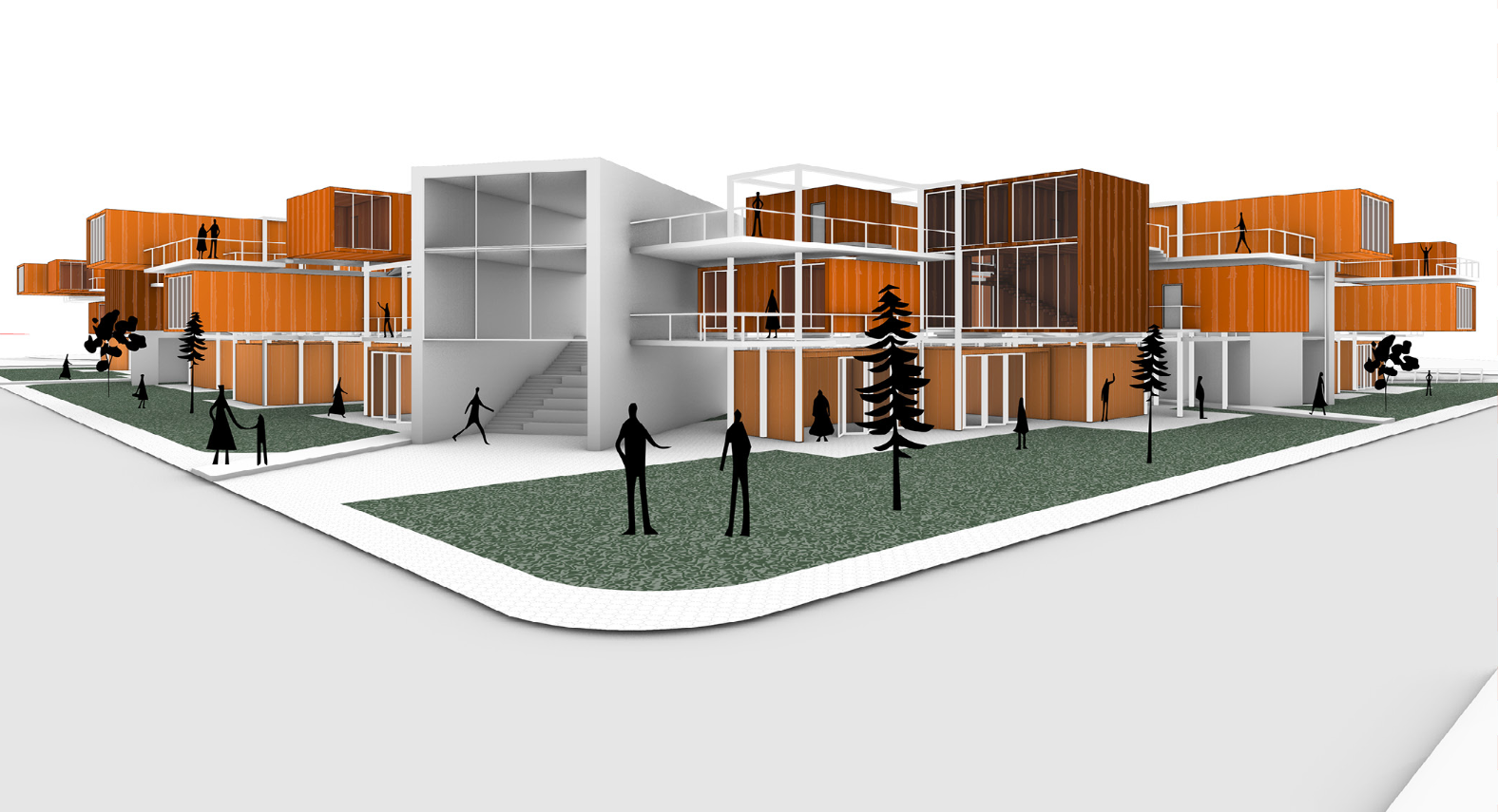 Corner perspective revealing BETWEEN’s threshold design, where transparent corridors and elevated bridges weave the rhythm of city and nature together.