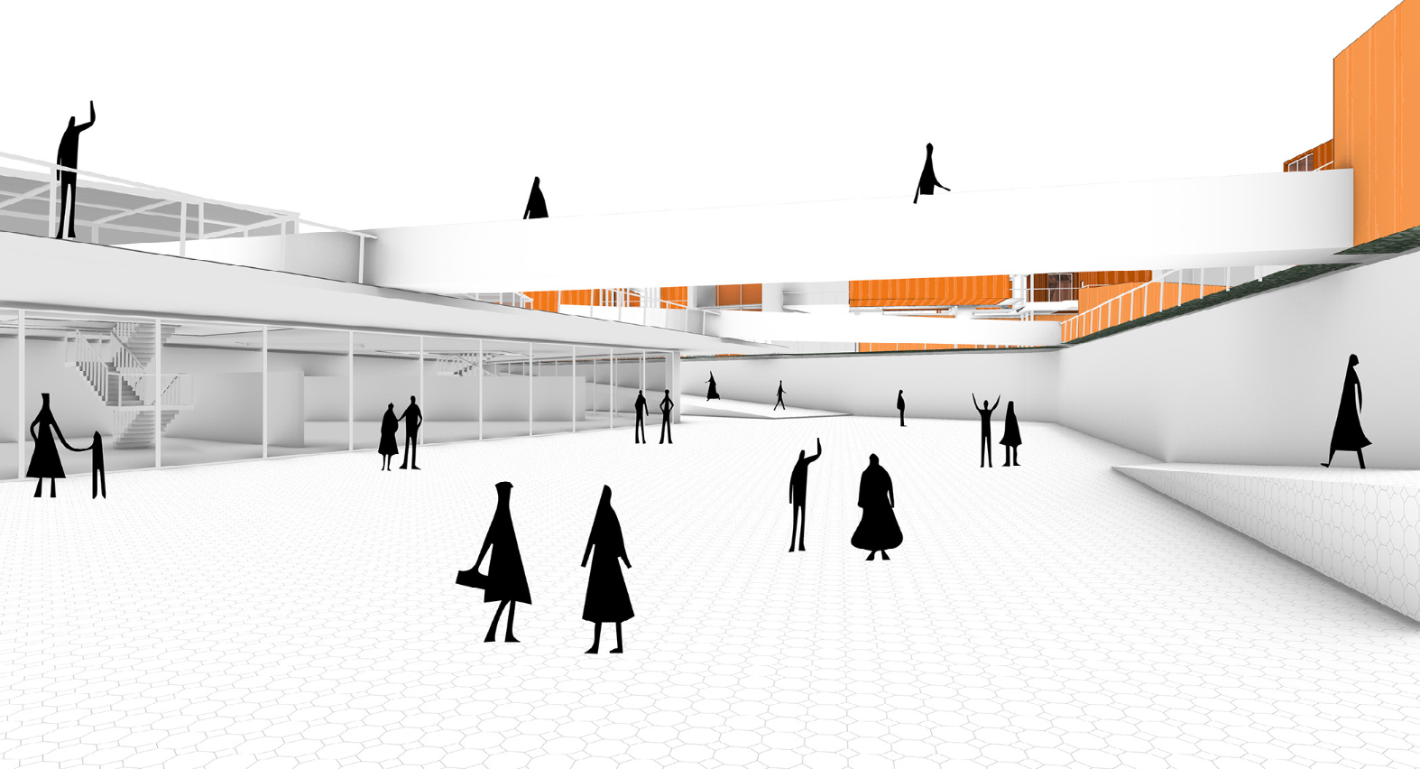 An interior courtyard becomes a social amphitheater — open, bright, and adaptable — encouraging human interaction within the sustainable architectural framework.