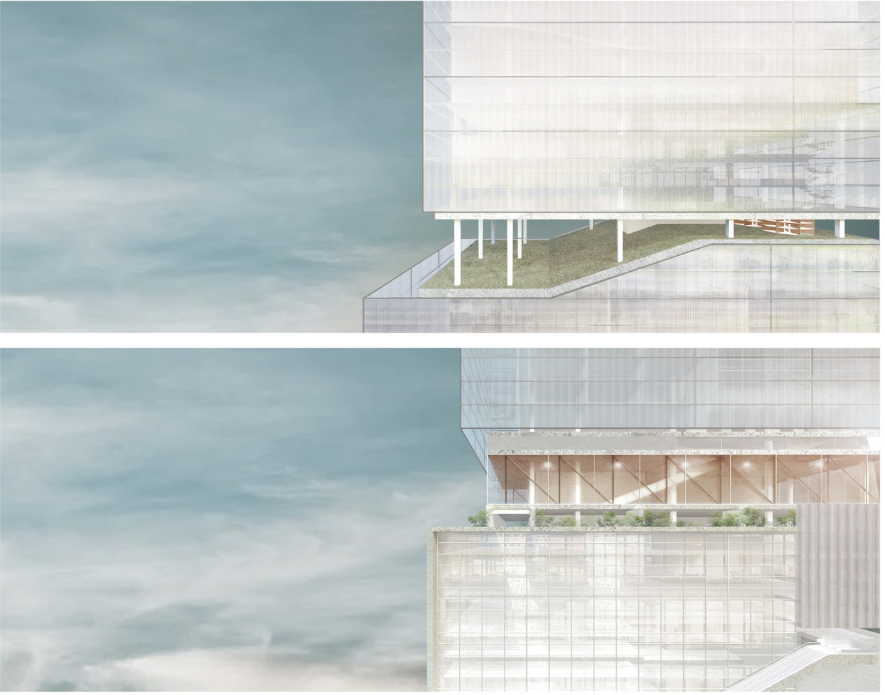 Sections highlight how open spaces and facade systems manage sunlight, wind, and water — optimizing passive sustainability in the high-rise structure.