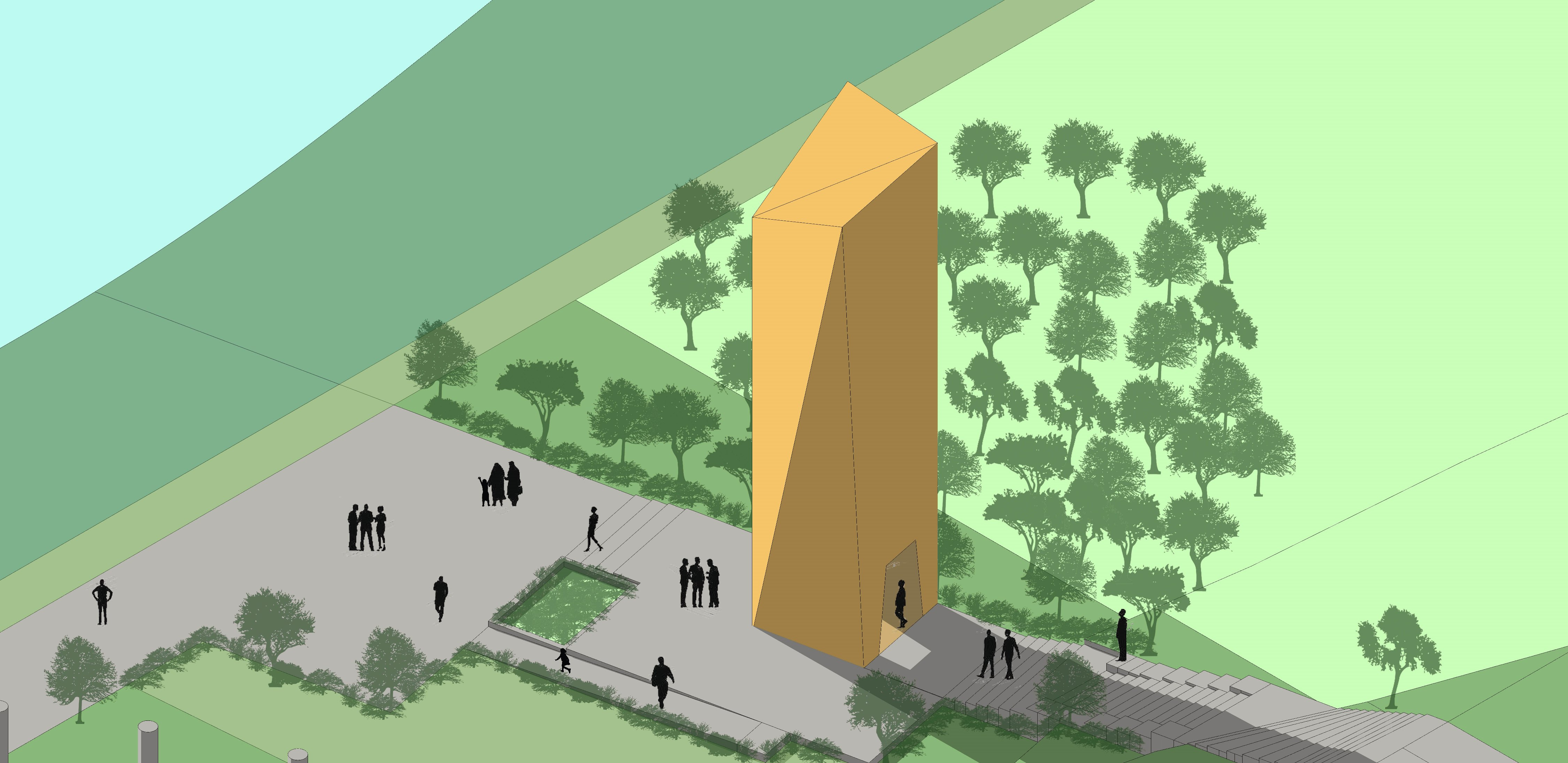 Axonometric view of an orange vertical tower set within a paved plaza bordered by trees