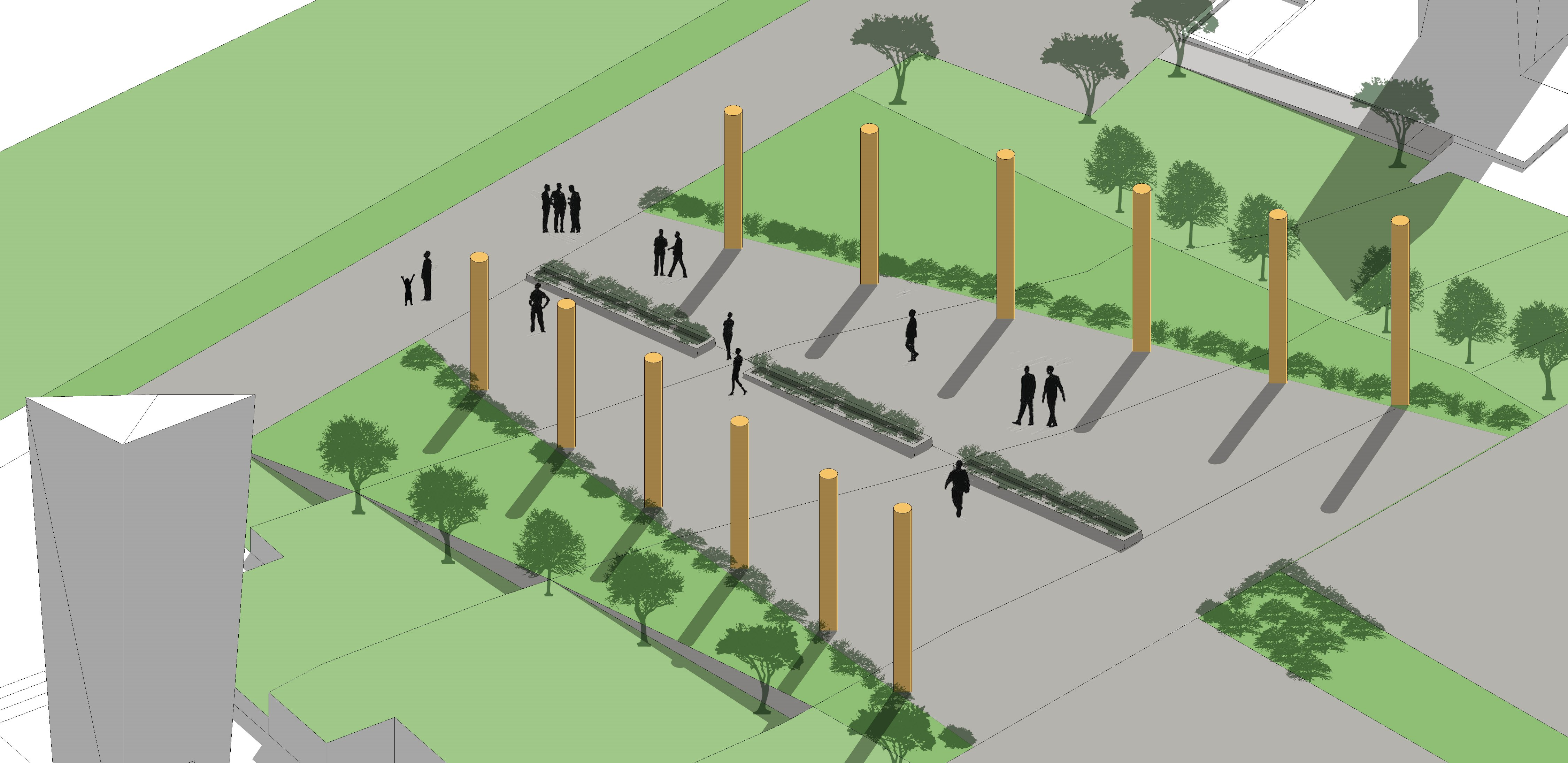 Aerial view showing a grid of orange columns and planted linear beds with pedestrians moving through