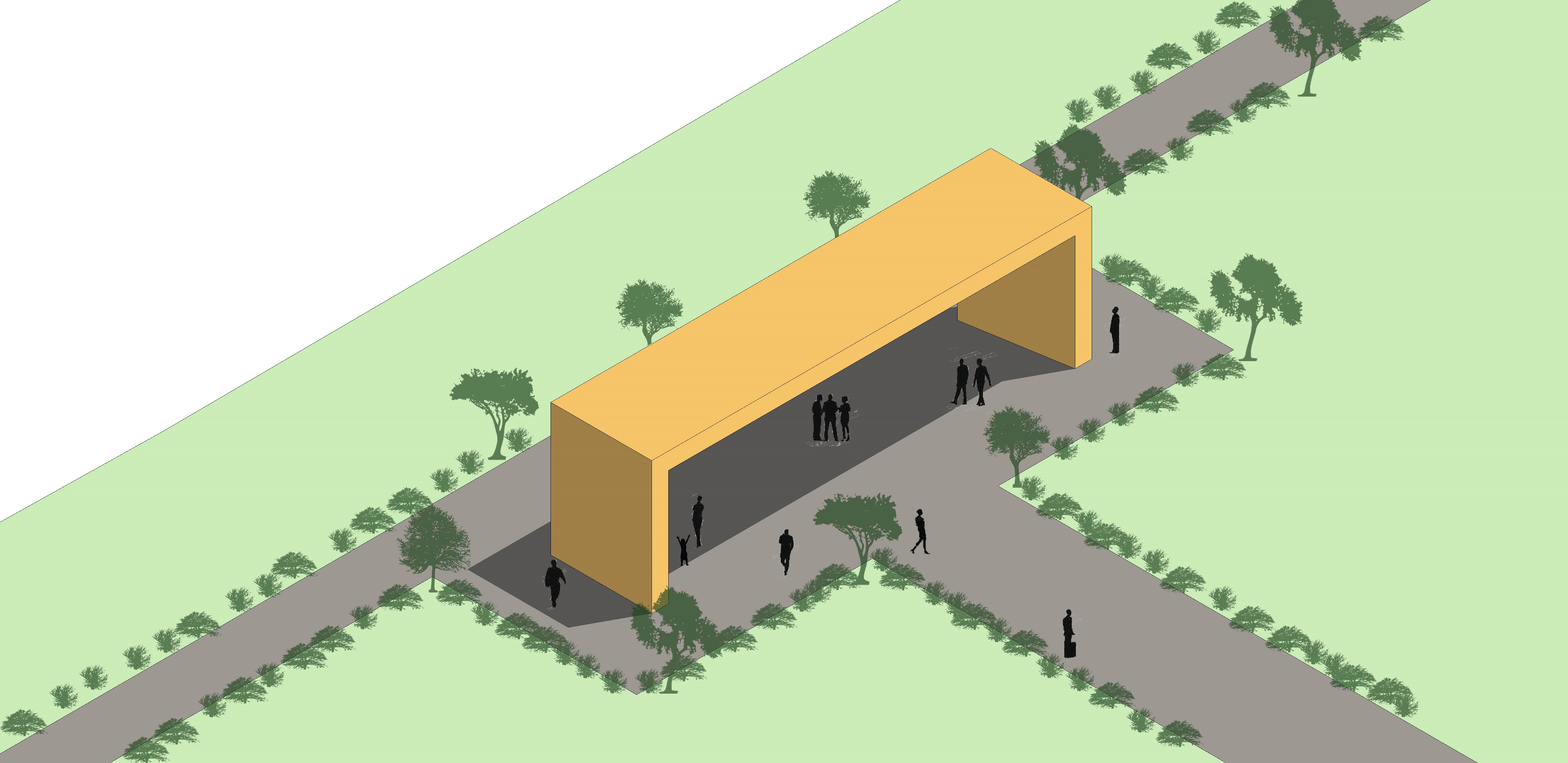 Isometric drawing of an orange portal frame bridging two tree-lined pedestrian paths