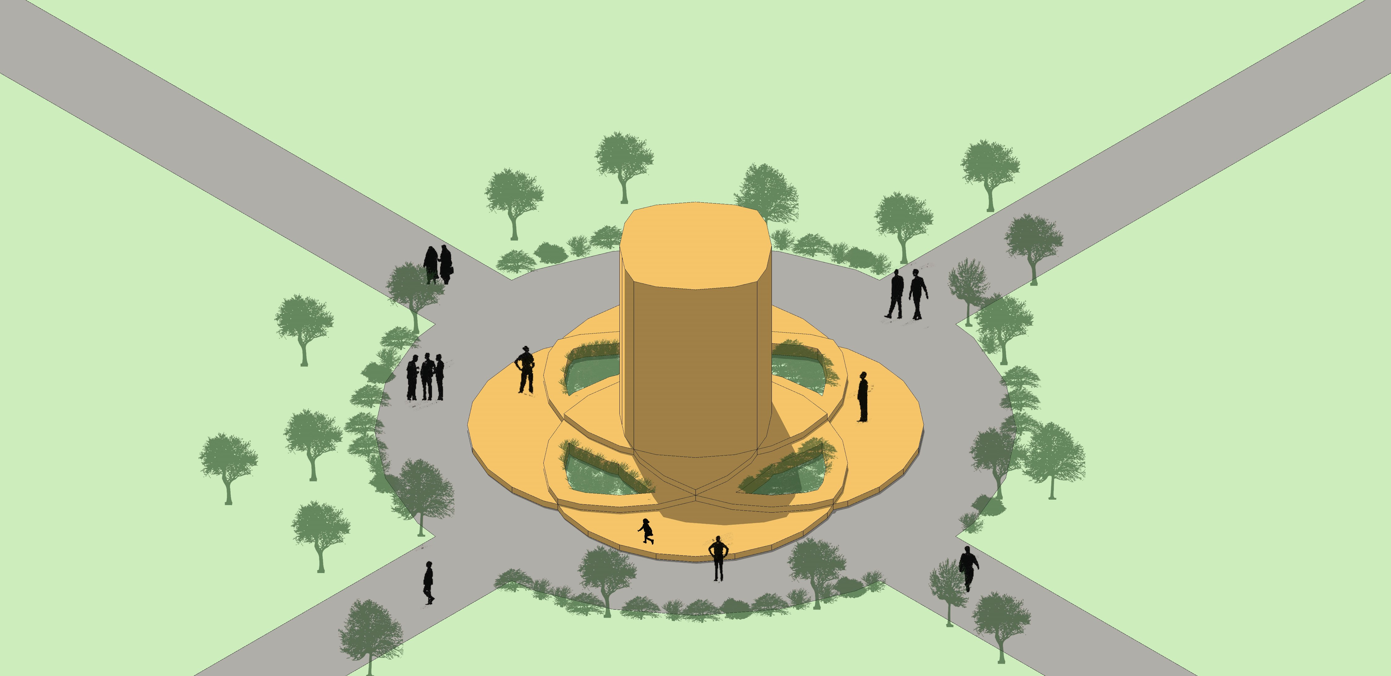 Aerial perspective of a cylindrical tower with circular ramped base surrounded by landscaped pathways
