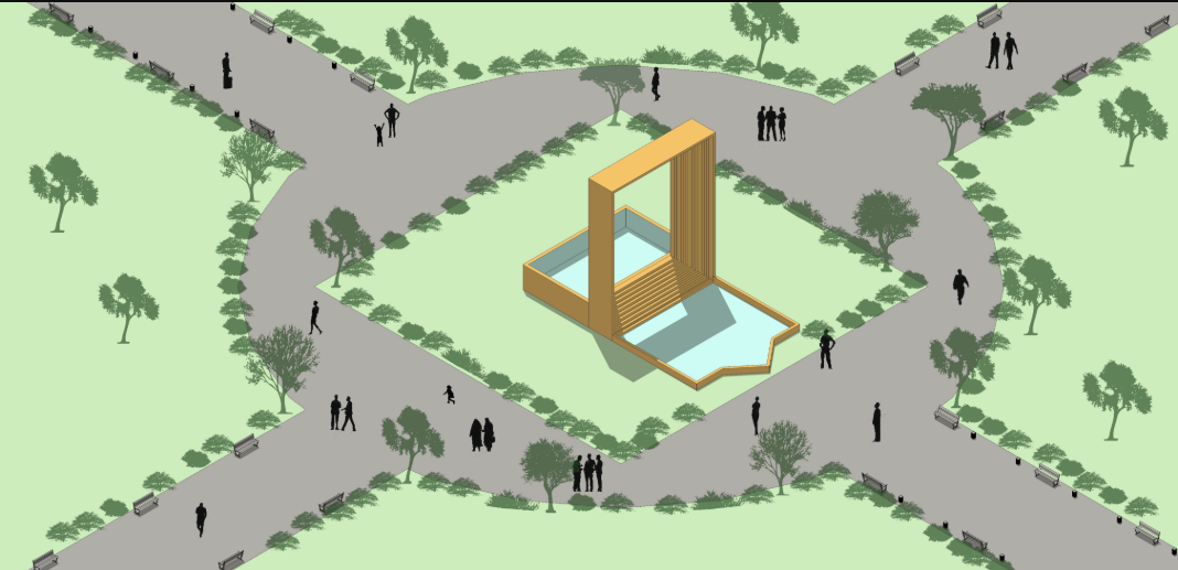 Axonometric view of a square timber frame pavilion enclosing a reflecting pool at path intersection