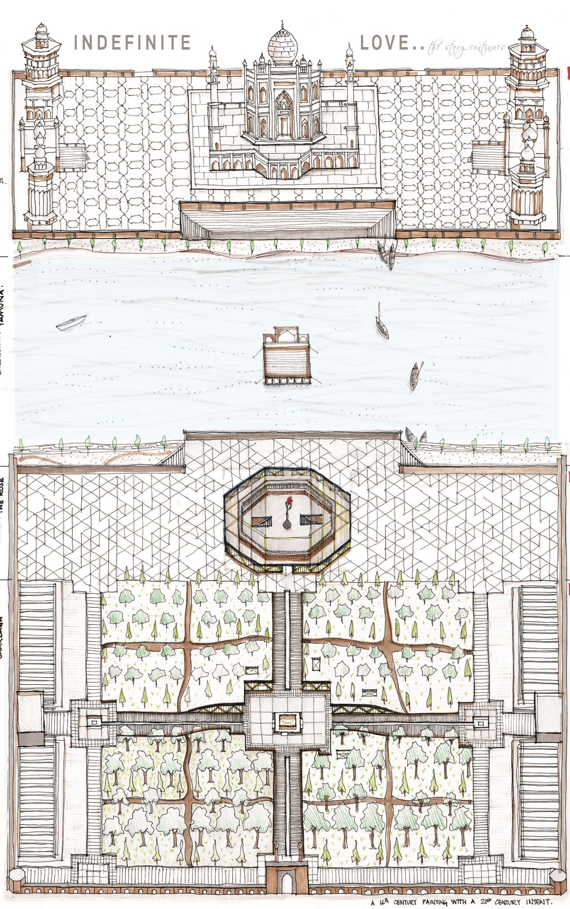 Elevation and plan drawings showing a symmetrical complex with gardens, a central octagonal pool, and corner pavilions