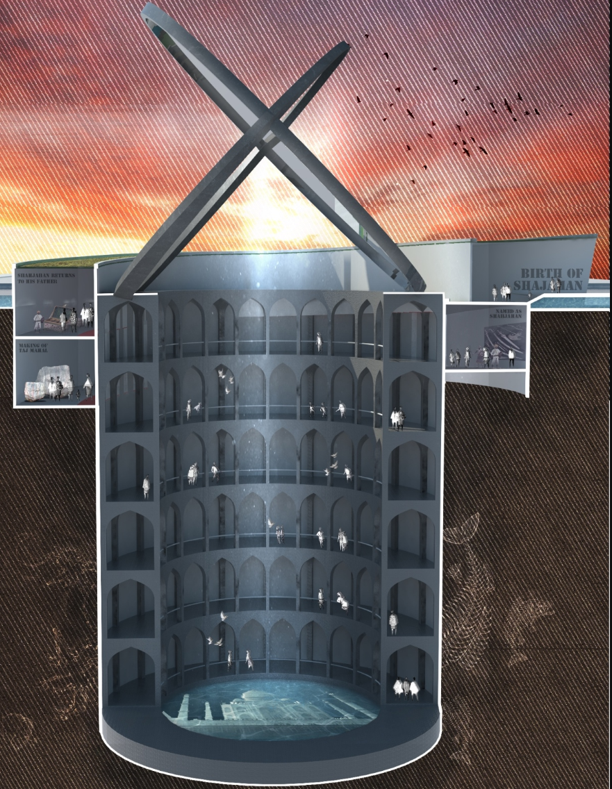 A sectional view showing the vertical descent through the emperor’s timeline — where each level narrates a different chapter of his life.