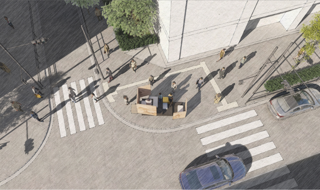 Aerial view showing the vessel anchoring the pedestrian intersection as a social and cultural node.