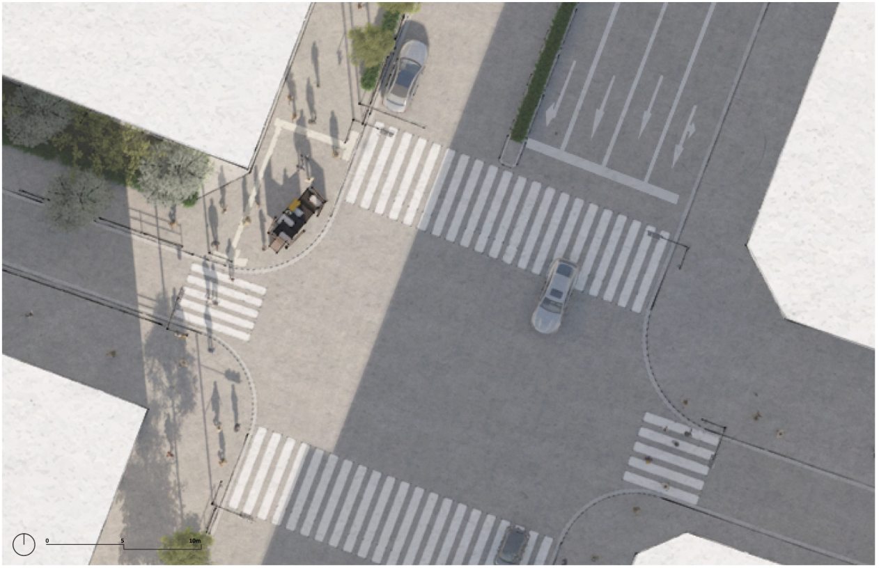 Top view highlighting how the installation merges with urban movement and crosswalk geometry.