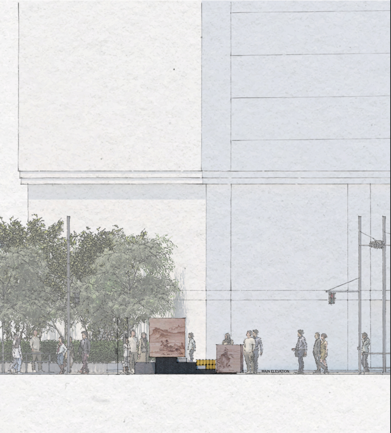 A detailed elevation illustrating the installation’s scale, material layering, and interaction with the surrounding urban context.