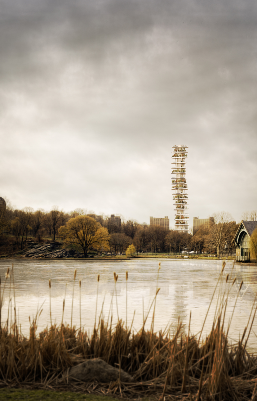 A distant view of the Twisting Tower blending into the skyline, symbolizing harmony between architecture and nature.