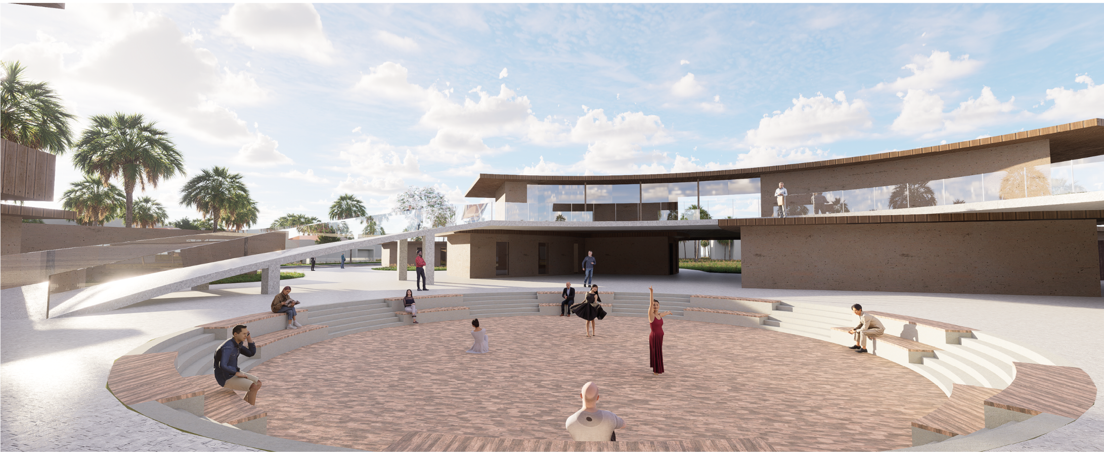 A multifunctional amphitheater forms the heart of the eco-village — blending performance, gathering, and movement.