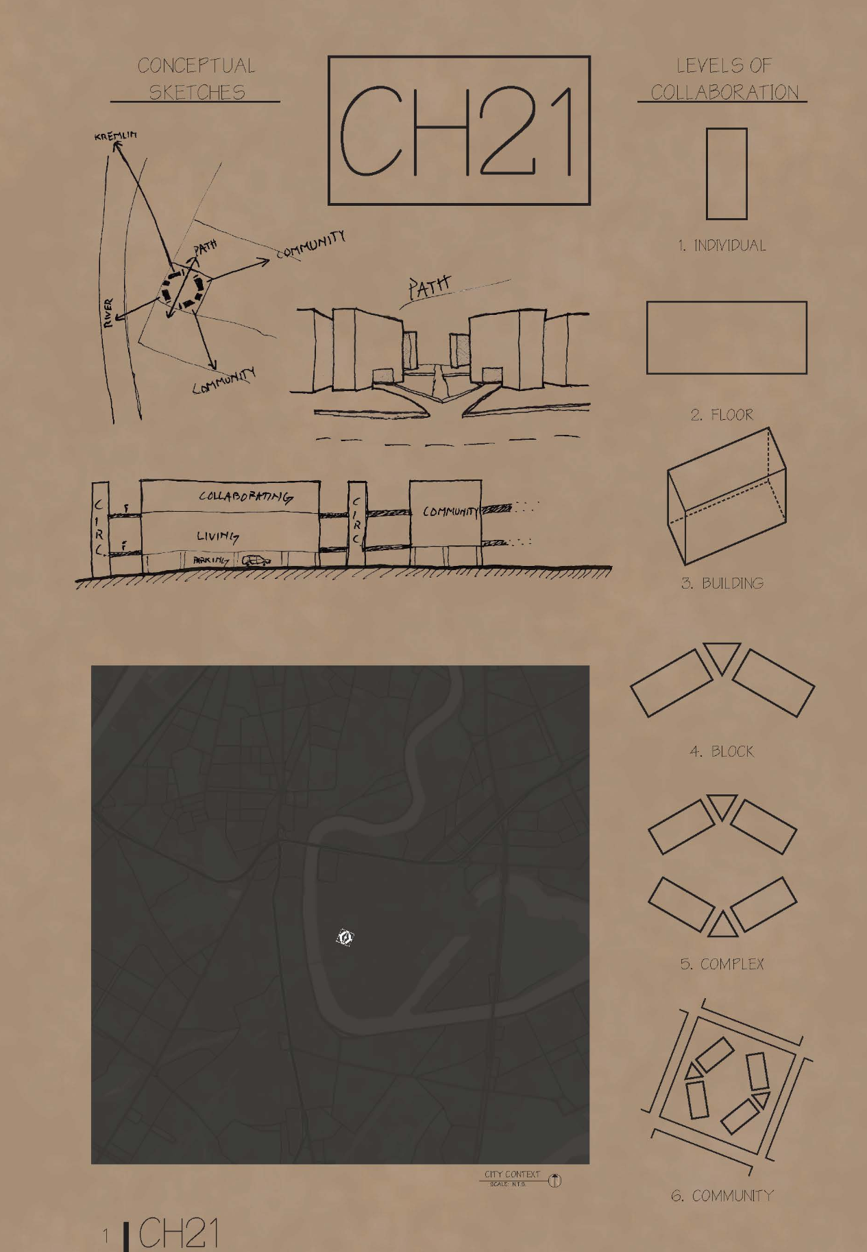 Conceptual diagram showing circulation, community connections, and the hierarchical levels of collaboration shaping the CH21 communal housing masterplan.