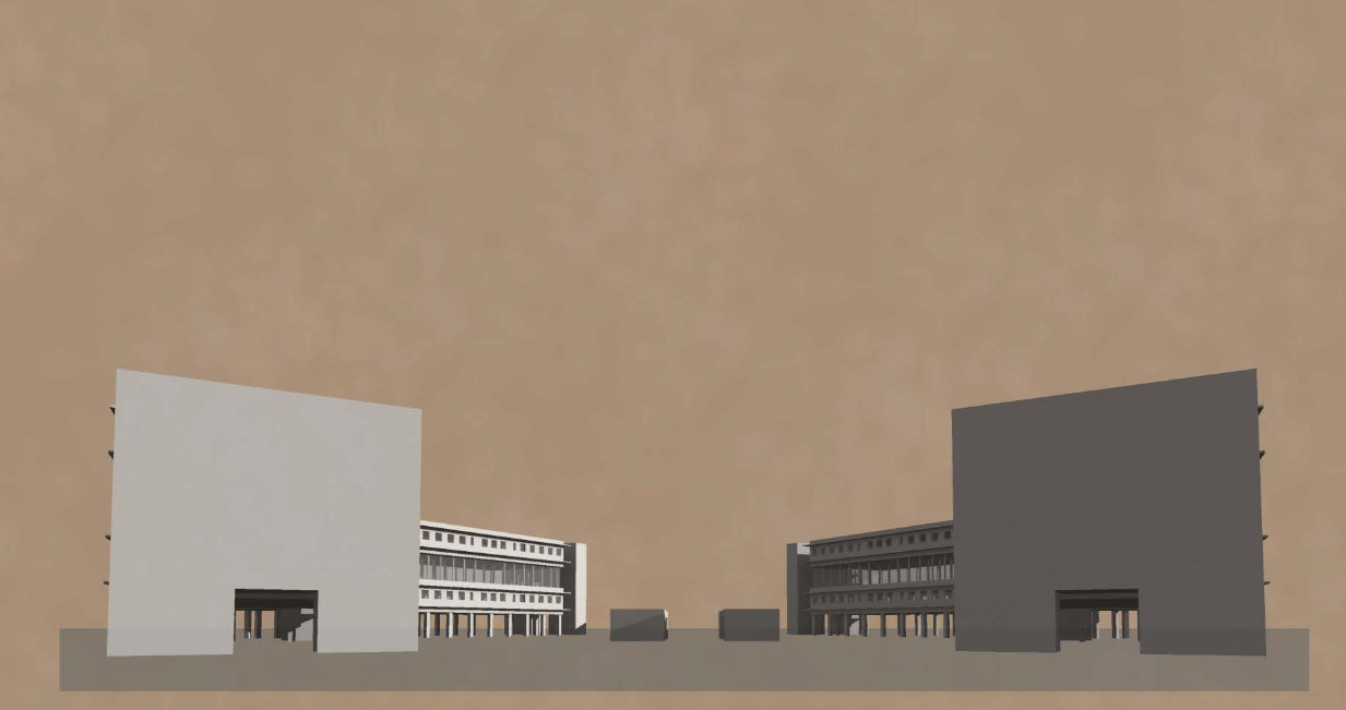 Street-level perspective revealing the symmetrical massing and raised volumes that frame the central public courtyard.