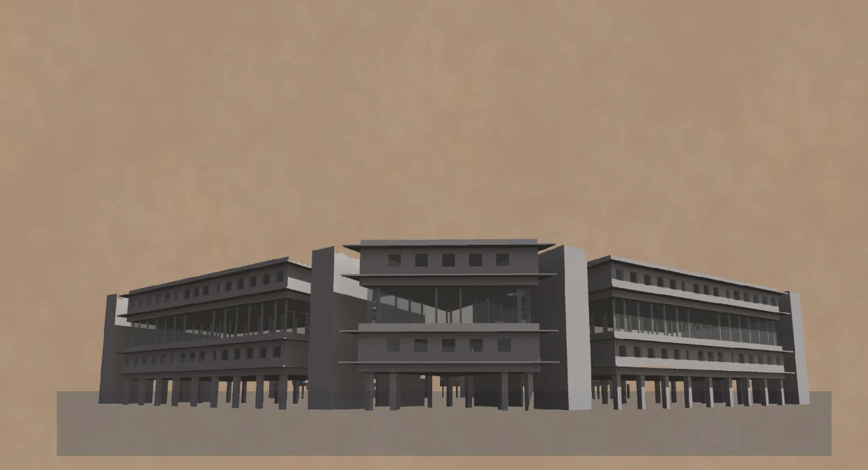 Front elevation view of the CH21 housing blocks, showcasing the elevated structural grid and transparent communal floors.