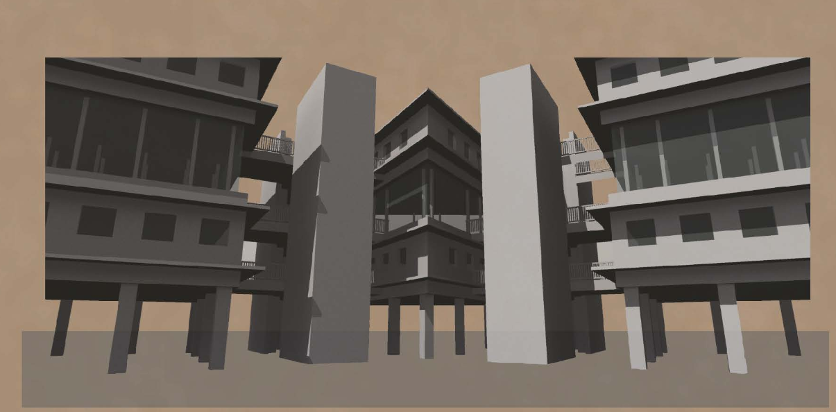 Ground-level perspective between the built forms, highlighting the vertical cores and framed views that define the central spine.