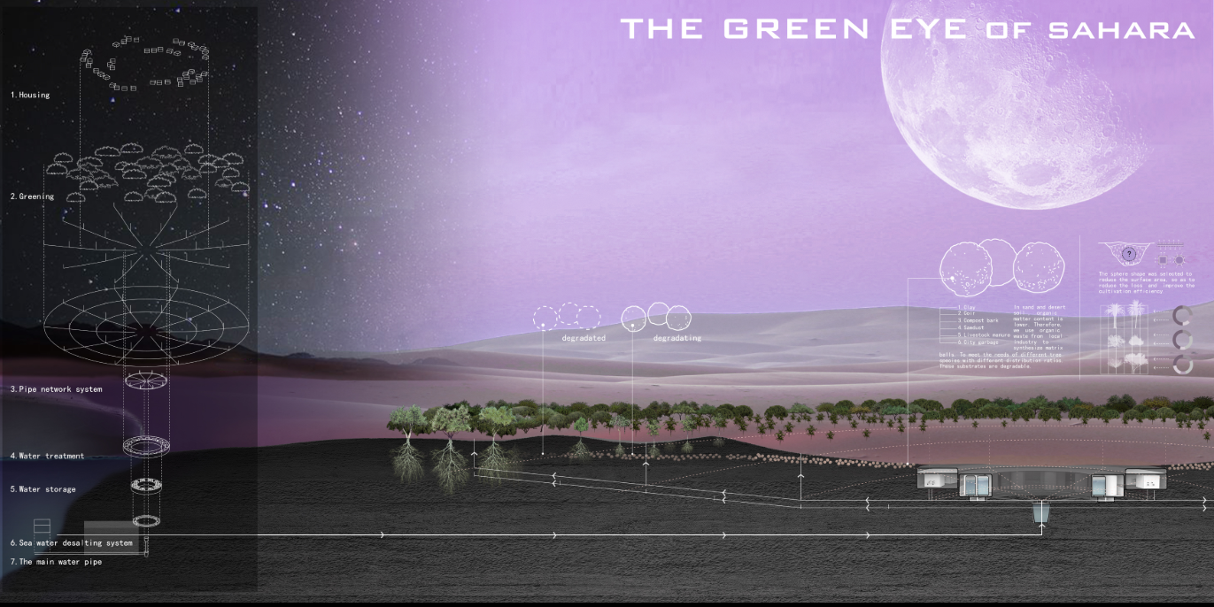 Section drawing illustrating an underground water system with planted trees along a desert horizon beneath a purple sky