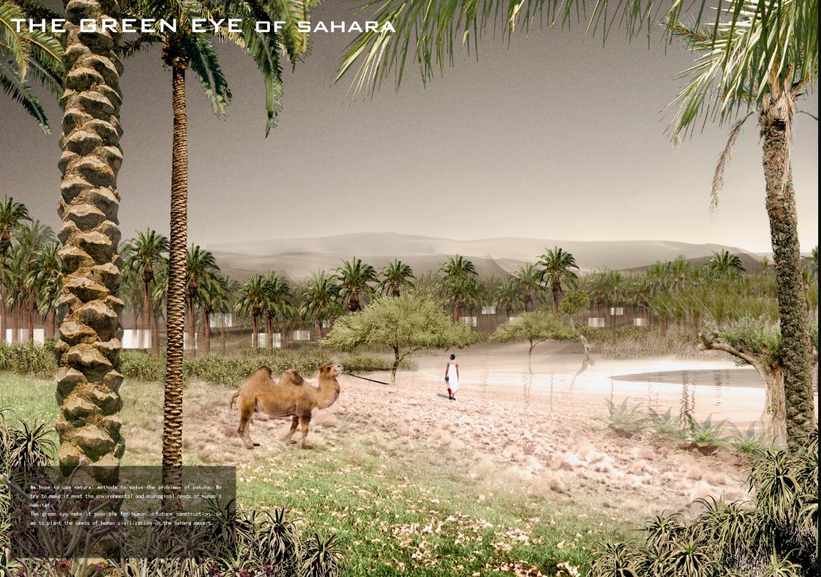 Rendering of an oasis courtyard with palm trees, a camel, and scattered pavilions amid sandy terrain and mountains