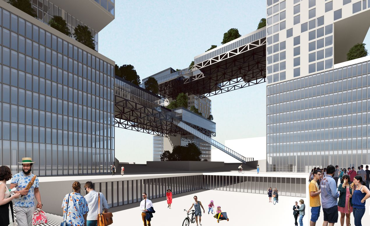 An expansive public realm unfolds beneath the structure, where people gather, socialize, and move through multi-level open spaces.