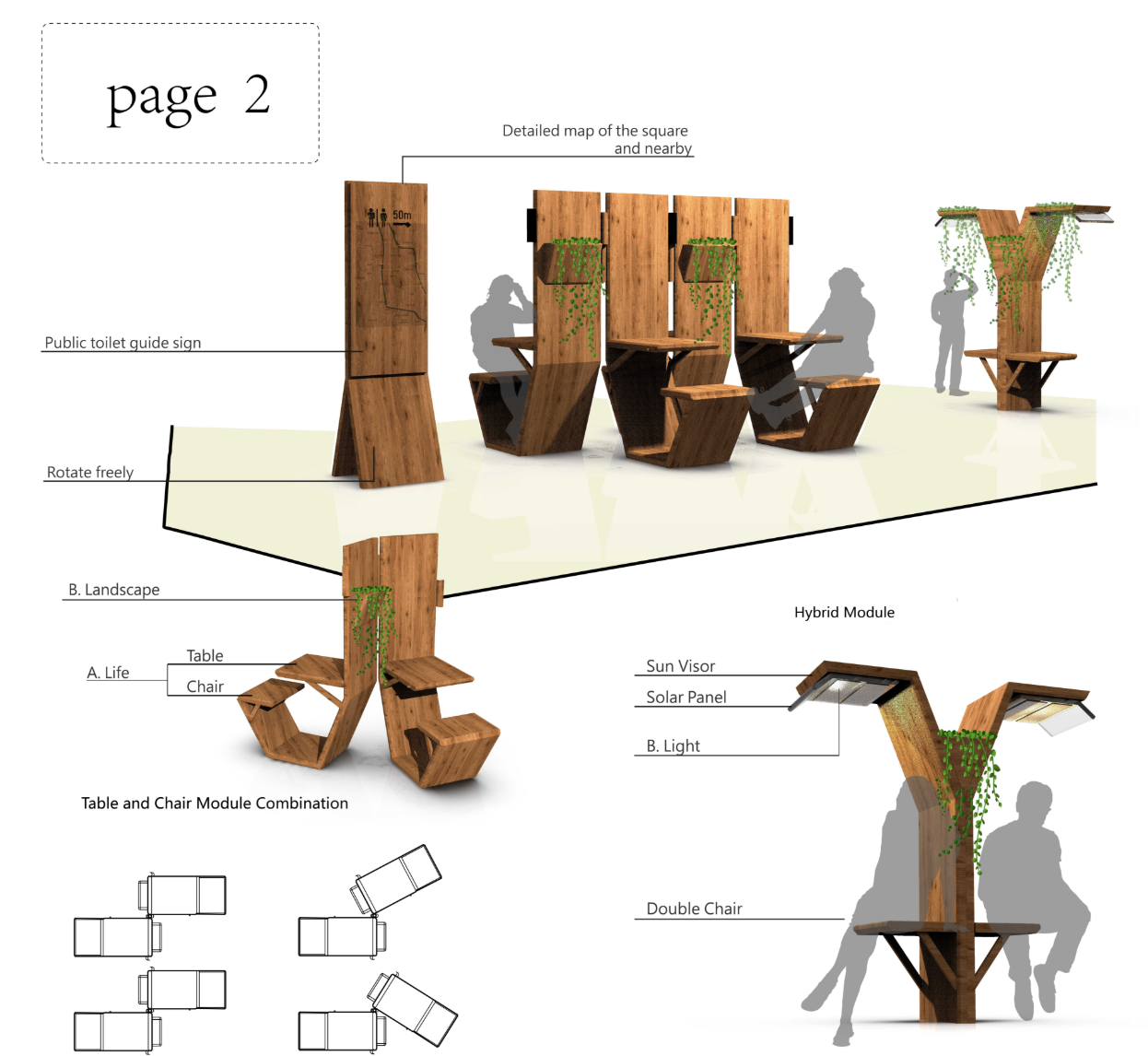 A modular furniture system integrating seating, tables, lighting, and greenery — reimagining Lijiang’s urban public space design.